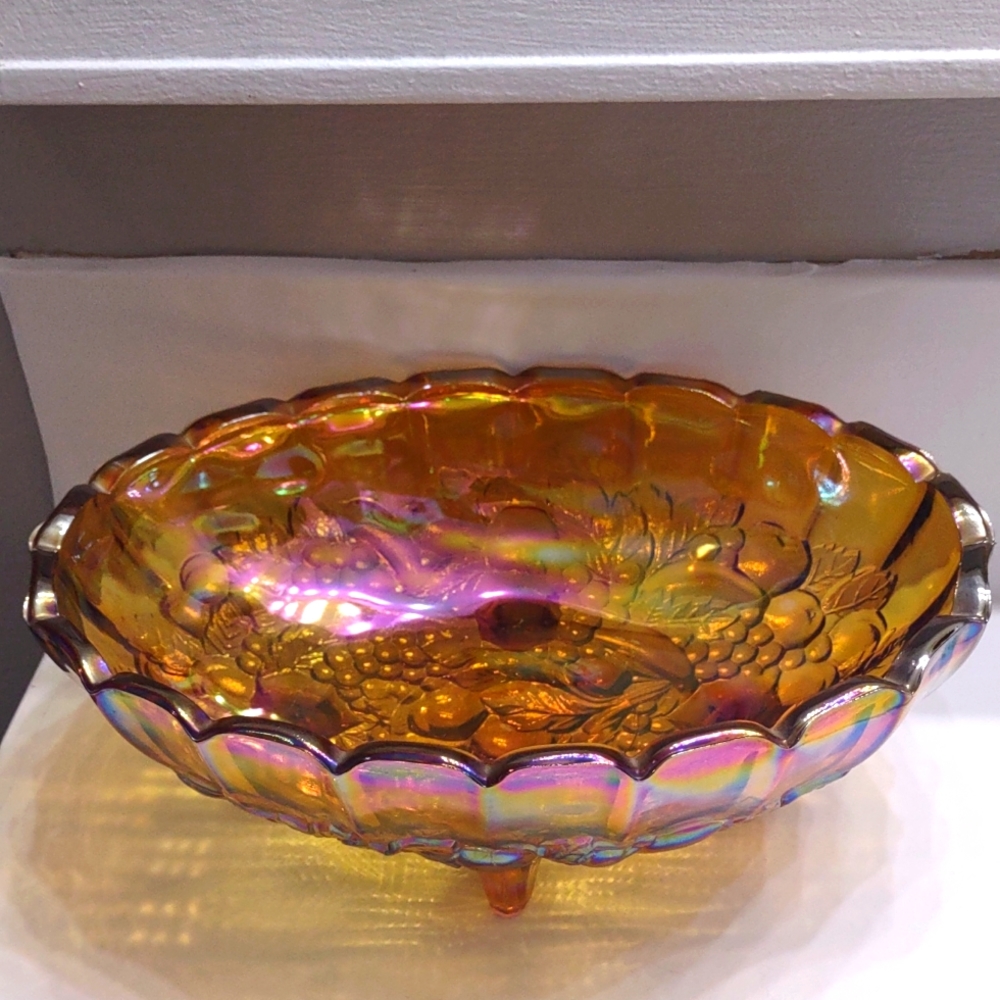 Vintage Indiana Glass Company Carnival Glass Footed Bowl Gold Iridescent
